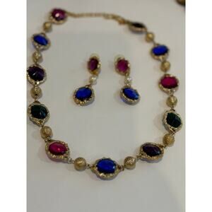 Vintage Two Sisters Large Bezel Set Necklace Earrings Set Rivoli Glass Stones